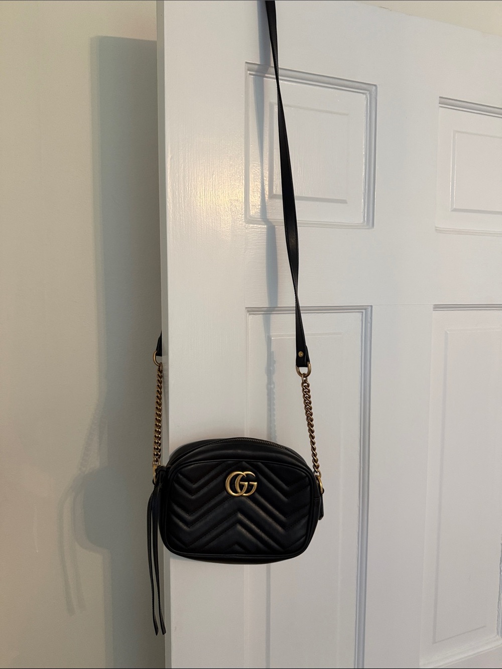 Gucci Black Chevron Quilted Leather Crossbody with Gold GG